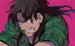  1boy black_hair clenched_teeth commentary_request crying crying_with_eyes_open green_shirt highres inudori itou_kaiji kaiji long_hair male_focus medium_bangs parted_bangs pink_background plaid plaid_shirt portrait red_eyes scar scar_on_cheek scar_on_ear scar_on_face shirt short_sleeves simple_background solo tears teeth 