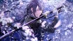  1boy black_jacket blue_background blue_eyes blunt_ends blurry cherry_blossoms depth_of_field double-parted_bangs falling_petals flower from_side gloves grin hair_between_eyes highres holding holding_sword holding_weapon jacket katana long_hair long_sleeves looking_at_viewer looking_to_the_side male_focus nagao_kei nijisanji petals pink_flower ponponpananda ponytail purple_hair signature smile solo sword upper_body virtual_youtuber weapon white_gloves 