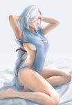  1girl adjusting_hair alternate_costume arms_behind_head bare_back bare_legs barefoot bed_sheet braid breasts cleavage cleavage_cutout clothing_cutout commentary eyes_visible_through_hair genshin_impact grey_eyes grey_hair groin hair_over_one_eye highres long_hair looking_at_viewer low_ponytail meme_attire midriff rair ribbed_sweater shenhe_(genshin_impact) short_sleeves sidelocks simple_background single_braid sitting solo sweater thighs virgin_killer_sweater wariza 