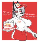  absurd_res anthro apron big_breasts breasts canid canid_demon cheek_tuft clothed clothing demon eyebrows eyelashes facial_tuft fast_food fast_food_employee female food fully_clothed fur grey_hair hair hat headgear headwear hellhound helluva_boss hi_res in-n-out iniquity long_hair loona_(helluva_boss) mammal raised_eyebrow red_eyes simple_background solo solo_focus text tuft uniform white_body white_fur 