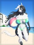 absurd_res anthro ball beach beach_ball big_breasts black_body black_fur black_hair blue_eyes bovid bovine breasts cattle caulette_flower cleavage clothed clothing communaughty fur hair hi_res horn huge_breasts inflatable male mammal seaside solo spots spotted_body spotted_fur swimwear tail thick_thighs white_body white_fur white_hair wide_hips 