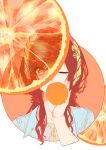  1girl absurdres artist_request brown_hair commentary_request food fruit highres idolmaster idolmaster_shiny_colors long_hair looking_at_viewer one_eye_closed orange_(fruit) orange_background orange_slice osaki_amana solo two-tone_background upper_body white_background yellow_eyes 