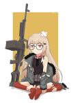  1girl bandaid bandaid_on_head beret black_headwear black_nails black_necktie black_shirt blonde_hair blush box_magazine closed_mouth crossed_bandaids feet fingernails full_body fur-trimmed_jacket fur_trim girls&#039;_frontline glasses green_jacket hair_ornament hairclip hand_on_own_ankle hat jacket kamihine knees_apart_feet_together long_hair long_sleeves looking_away necktie no_shoes off_shoulder open_clothes open_jacket pouch red_eyes red_thighhighs round_eyewear shirt simple_background sitting sleeveless sleeveless_shirt solo thighhighs torn_clothes torn_jacket torn_necktie torn_shirt torn_thighhighs twitter_username type_80 type_80_(girls&#039;_frontline) very_long_hair white_background yellow_background 