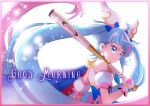  1girl ahoge artist_logo baseball_bat blue_eyes blue_hair border commentary_request cure_sky dress earrings english_text eyelashes gloves good_morning gradient_hair hair_ornament happy hirogaru_sky!_precure holding holding_baseball_bat jewelry kamikita_futago long_hair looking_at_viewer magical_girl multicolored_hair pink_border pink_hair precure smile solo sora_harewataru standing streaked_hair twintails two-tone_hair very_long_hair white_gloves 