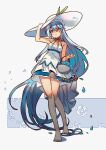  1girl absurdly_long_hair alternate_costume arm_up bare_arms bare_legs bare_shoulders barefoot basket blue_flower blue_hair blue_rose blue_skirt closed_mouth commentary_request dress expressionless flower full_body hand_on_headwear hat highres hinanawi_tenshi long_hair looking_at_viewer red_eyes rose skirt sleeveless sleeveless_dress solo sundress touhou very_long_hair white_dress white_headwear yayin_(yayin233) 