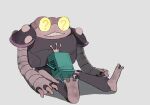  adventure_time amphibia bmo frobo full_body grey_background highres hug question_mark_in_eye robot shadow simple_background sitting size_difference yum3yum1 
