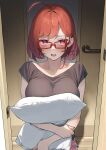  1girl 92m absurdres ahoge blush breasts brown_shirt closed_eyes commentary_request fingernails highres indoors kinshi_no_ane large_breasts lying on_side original parted_lips pillow red_hair shirt short_hair sleeping sleeveless sleeveless_shirt solo sweat 