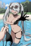  1girl 1other absurdres byungttal grey_hair highres iori_(blue_archive) iori_(swimsuit)_(blue_archive) open_mouth pointy_ears pov pov_hands red_eyes solo_focus teeth topless wading 