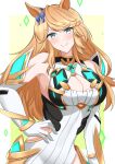  1girl alternate_costume animal_ears arn7 blue_bow blue_eyes blush bow breasts chest_jewel cleavage cosplay diamond_(shape) ear_bow ear_ornament ear_ribbon gem gold_city_(umamusume) hair_ornament highres horse_ears horse_girl large_breasts long_hair looking_at_viewer mythra_(xenoblade) mythra_(xenoblade)_(cosplay) simple_background smile solo umamusume xenoblade_chronicles_(series) xenoblade_chronicles_2 