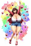  1girl arms_up bare_legs blue_eyes blue_shorts blush borrowed_character breasts brown_hair camisole cleavage cupcake double_v erkaz floral_background food full_body gigantic_breasts highres jacket long_hair open_mouth original outline print_camisole rainbow_background red_footwear red_jacket shadow shoes shorts smile solo standing v veins veiny_breasts white_camisole white_outline 