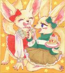  anthro cake canid canine clothed clothing dessert duo ear_ribbon female fennec food fox hi_res mammal sibaketsu traditional_media_(artwork) 