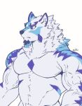  anthro blue_eyes canid canine clothed clothing facial_hair facial_markings fur goatee head_markings hi_res lifewonders live_a_hero male mammal markings multicolored_body multicolored_fur muscular muscular_anthro muscular_male navel pecs sadayoshi solo topless vein veiny_muscles zenon0917 