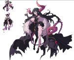  1girl asymmetrical_clothes black_hair breasts cape damn_reincarnation demon_girl demon_horns detached_sleeves earrings fangs full_body fur-trimmed_cape fur_trim gagrim heart heart_tail holding holding_phone horns jewelry large_breasts long_hair noir_giabella_(damn_reincarnation) novel_illustration official_art phone purple_eyes reference_sheet selfie tail wrist_cuffs 