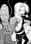  1boy abs absurdres ahoge amamiya_kento angry automail belt black_pants black_shirt blonde_hair braid braided_ponytail chain coat coat_removed edward_elric electricity fighting_stance floating_rock fullmetal_alchemist gloves greyscale hair_intakes hair_tie hand_up highres long_hair looking_at_viewer male_focus mechanical_arms monochrome pants pocket_watch prosthesis prosthetic_arm scar scar_on_chest shirt single_braid single_glove single_mechanical_arm solo teeth toned toned_male torn_clothes torn_coat torn_shirt v-shaped_eyebrows watch white_gloves 