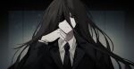  1boy black_hair black_jacket black_necktie cheong_(nept1211) closed_mouth collared_shirt danganronpa_(series) danganronpa_2:_goodbye_despair eyepatch frown hand_up jacket kamukura_izuru long_hair long_sleeves male_focus multicolored_background necktie portrait red_eyes shirt solo 