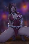  1girl blonde_hair colored_skin elf first_arcanist_thalyssra glowing glowing_eyes grey_skin looking_at_viewer nightborne non-web_source pointy_ears purple_eyes spread_legs squatting thalyssra warcraft wide_hips world_of_warcraft wow 