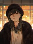  1girl alternate_costume black_hair black_shirt bowler_hat brown_eyes chain coat fur-trimmed_coat fur_hat fur_trim gold_chain gold_necklace hat highres jewelry long_hair looking_at_viewer necklace shirt solo sq_(series) sun_jing tanjiu vest white_vest window 