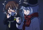  2girls black_headwear black_sailor_collar black_serafuku blue_eyes brown_hair cigarette closed_mouth flat_cap glasses grey_hair hat hibiki_(kancolle) holding holding_cigarette kantai_collection kisei_mt long_hair long_sleeves mochizuki_(kancolle) mouth_hold multiple_girls neckerchief open_mouth orange_eyes red-framed_eyewear red_neckerchief red_scarf sailor_collar scarf school_uniform serafuku simple_background smoke smoking upper_body 