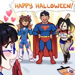  1boy 3girls :d :p ;) baseball_bat batman_(series) black_footwear black_gloves black_hair blue-framed_eyewear blue_bodysuit blue_shorts blushyspicy bodysuit breasts brown_hair cape cosplay d.va_(overwatch) d.va_(overwatch)_(cosplay) dc_comics demon_girl demon_tail double_v english_text facial_mark fang fingerless_gloves fishnet_pantyhose fishnets full_body glasses gloves green_eyes hands_on_own_hips happy_halloween harley_quinn harley_quinn_(cosplay) headphones heart large_breasts long_hair long_sleeves looking_at_another looking_at_viewer medium_breasts multicolored_hair multiple_girls office_workers_(blushyspicy) one_eye_closed orange_background overwatch pantyhose pilot_suit pink_hair red_cape red_footwear red_gloves red_shirt red_shorts semi-rimless_eyewear shirt short_hair short_sleeves shorts smile standing superman superman_(cosplay) superman_(series) tail teeth tongue tongue_out two-tone_shorts upper_teeth_only v vivian_seong_(blushyspicy) whisker_markings white_background white_shirt 