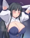  1girl arms_behind_head arms_up black_hair blunt_bangs blush breasts cleavage closed_eyes dress elbow_gloves gloves highres hime_cut kaguya_(under_night_in-birth) large_breasts long_hair open_mouth solo soukitsu steam steaming_body under_night_in-birth under_night_in-birth_2_sys:celes upper_body very_long_hair white_gloves 
