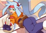  1girl ashe_(mega_man) ass belt blue_hair bodysuit gloves green_eyes gun headband high_ponytail highres holding holding_gun holding_weapon long_hair looking_at_viewer looking_back mega_man_(series) mega_man_zx mega_man_zx_advent open_mouth shoutaro_saito very_long_hair weapon 