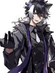  1boy :d animal_ears beckoning black_coat black_gloves black_hair black_shirt black_vest buttons coat collared_shirt double-breasted fur-trimmed_coat fur_trim gloves hair_between_eyes hand_on_own_hip highres holostars jackal_boy jackal_ears kageyama_shien long_sleeves looking_at_viewer male_focus multicolored_hair necktie open_clothes open_coat ria_wndhi shirt short_hair simple_background smile solo stole teeth two-tone_hair upper_body upper_teeth_only v-shaped_eyebrows vest virtual_youtuber white_background white_hair white_necktie yellow_eyes 