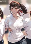  3girls aya_(jonsun) black_shorts blurry blurry_background blush breasts brown_eyes brown_hair closed_mouth collarbone commentary_request hairband hand_around_waist jonsun medium_breasts multiple_girls original ponytail red_hairband shirt short_hair short_sleeves shorts solo_focus twitter_username white_shirt 