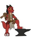  amber_eyes anvil belt belt_buckle black_horn blacksmith blacksmith_hammer bottomwear claws clothing fade_(koboldwrangler) female gloves hammer handwear hi_res holding_object horn jacob_the_mistake-ob jewelry kobold leather leather_clothing loincloth piercing red_body red_scales reptile scales scalie solo tongue tongue_out tools 