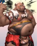  2023 anthro asian_clothing balls belly big_balls big_belly brown_body clothing east_asian_clothing fundoshi genitals humanoid_hands japanese_clothing kemono male mammal moobs navel nazimi00 nipples overweight overweight_male penis small_penis solo suid suina sus_(pig) underwear wild_boar 
