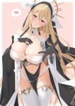  1girl :q absurdres azur_lane bare_shoulders black_gloves blonde_hair blush breast_cutout breasts cleavage covered_navel gloves habit hair_between_eyes heart highres horns huge_breasts implacable_(azur_lane) long_bangs long_hair looking_at_viewer nun pelvic_curtain red_eyes revealing_clothes solo thighhighs thighs tongue tongue_out two-tone_dress veil very_long_hair white_horns white_thighhighs wild_card 