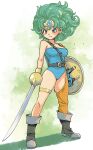 1girl absurdres arms_at_sides asymmetrical_clothes belt blue_eyes blue_gemstone boots breasts circlet closed_mouth collarbone commentary_request curly_hair detached_sleeves dragon_quest dragon_quest_iv full_body gem gloves green_gloves green_hair green_leotard heroine_(dq4) highres holding holding_shield holding_sword holding_weapon large_breasts leotard light_blush looking_to_the_side muramasa_mikado orange_sleeves orange_thighhighs serious shield shoulder_belt single_bare_shoulder single_detached_sleeve single_glove single_thighhigh solo standing sword thighhighs thighlet thighs weapon 