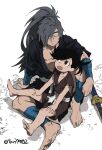  1boy 1girl androgynous bandages barefoot black_hair brown_eyes closed_mouth dororo_(character) dororo_(tezuka) feet full_body hair_over_one_eye hyakkimaru_(dororo) indesign japanese_clothes long_hair open_mouth ponytail short_hair sitting sword weapon white_background 