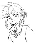  1boy closed_mouth collared_shirt commentary_request cropped_torso greyscale happy link looking_at_viewer male_focus monochrome partial_commentary pointy_ears shirt short_hair sidelocks simple_background sketch smile solo the_legend_of_zelda the_legend_of_zelda:_breath_of_the_wild ukata upper_body white_background 