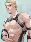  1boy abs bare_pectorals blonde_hair chest_belt goatee_stubble highres large_pectorals looking_to_the_side male_focus muscular muscular_male mustache_stubble nipples nude pectorals reiner_braun shingeki_no_kyojin short_hair solo sssida3 three-dimensional_maneuver_gear upper_body 