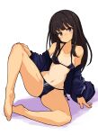  1girl bikini black_hair blue_bikini blush breasts buta-don cameltoe closed_mouth crotch full_body highres inoue_takina long_hair looking_at_viewer lycoris_recoil navel purple_eyes simple_background small_breasts solo spread_legs swimsuit tan tanlines white_background 