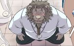  16:10 2023 anthro bathroom belly blush bottomwear clothing felid hi_res humanoid_hands kemono lion male mammal oogamikennta overweight overweight_male pantherine pants shirt solo topwear widescreen 