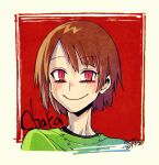  1other brown_hair chara_(undertale) collar deltarune evil_smile green_sweater highres red_background red_pupils smile sweater undertale yokaze_(xxxdisxxx) 