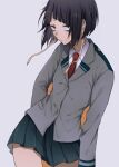  1girl absurdres asymmetrical_bangs audio_jack black_eyes black_hair boku_no_hero_academia closed_mouth collared_shirt grey_background grey_jacket highres jacket jirou_kyouka long_earlobes long_sleeves looking_at_viewer necktie pleated_skirt red_necktie school_uniform shirt short_hair simple_background skirt solo sumoffu u.a._school_uniform white_shirt 