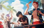  4boys abs black_hair blonde_hair blue_eyes blue_hair blue_sky closed_eyes cloud contrail cooking crab earrings eyewear_removed flower grill hammock hawaiian_shirt hizaki_gamma holding holding_knife holding_skewer holostars jewelry knife looking_at_another looking_at_viewer male_focus medium_hair minase_rio multicolored_hair multiple_boys muscular navel open_clothes open_mouth open_shirt palm_tree pectorals pink_hair purple_hair raw_meat red_flower red_hair shirt short_hair shorts skewer sky smile summer sunglasses sweat thriller_romero tree uproar_(holostars) utsugi_uyu waving yatogami_fuma yellow_eyes 