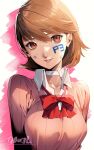  1girl artist_name brown_eyes brown_hair cardigan earrings gekkoukan_high_school_uniform highres jewelry looking_at_viewer nakano_maru neck_ribbon persona persona_3 pink_cardigan ribbon school_uniform smile solo swept_bangs takeba_yukari tongue tongue_out upper_body white_background 