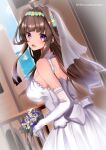  1girl :d absurdres ahoge alternate_costume blue_sky bouquet breasts bridal_veil brown_hair building commentary_request dress dutch_angle elbow_gloves from_side gloves head_wreath highres himura_moritaka holding holding_bouquet kantai_collection kongou_(kancolle) large_breasts long_hair looking_at_viewer ocean outdoors purple_eyes sky smile solo twitter_username veil wedding_dress white_dress white_veil 