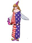  1girl adapted_costume american_flag_dress blonde_hair clown clownpiece facepaint fire full_body holding holding_torch konoha217 long_hair long_sleeves neck_ruff pink_fire purple_footwear purple_headwear simple_background solo standing torch touhou wavy_hair white_background wings 