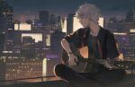  1boy absurdres black_jacket black_pants black_shirt bracelet character_request city city_lights copyright_request earrings ensemble_stars! fence fireworks guitar hair_between_eyes happy_birthday highres instrument jacket jewelry looking_to_the_side male_focus music night night_sky ogami_koga on_rooftop outdoors pants parted_lips playing_instrument rooftop shirooi_ry shirt sitting sky solo white_hair 