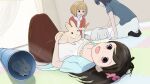  3girls =_= ahoge blush brown_hair carrot collared_shirt dot_nose flower from_side full_body hair_flower hair_ornament highres hitori_bocchi hitoribocchi_no_marumaru_seikatsu indoors katsuwo_(cr66g) kurai_kako long_hair lying multiple_girls open_mouth pink_flower rabbit red_eyes shirt short_hair short_sleeves skirt socks yawara_kai 