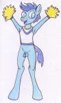 anthro balls biped blue_body blue_eyes blue_hair bottomless cheerleader clothed clothing earth_pony equid equine friendship_is_magic genitals hair hasbro hooves horse male mammal my_little_pony partially_clothed penis pom_poms pony raised_arms reddragonkan solo traditional_media_(artwork) 
