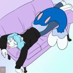  anthro barefoot blue_hair claws clothed clothing eyes_closed feet foxenawolf fur furniture generation_7_pokemon hair lying male nintendo on_front pause_(kztxl7) pink_nose pokemon pokemon_(species) primarina sofa solo tail tongue tongue_out white_body white_fur 