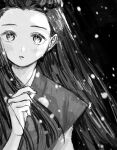  1girl ace_attorney black_background blush braid greyscale hand_up iris_(ace_attorney) long_hair looking_at_viewer monochrome parted_lips phoenix_wright:_ace_attorney_-_trials_and_tribulations renshu_usodayo snow snowing solo upper_body 