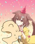  1girl :o absurdres animal_collar animal_ears birthday bone_hair_ornament bracelet braid brown_eyes brown_hair brown_tail choker collar commentary_request confetti dog_ears dog_girl dog_tail double_v dress gradient_background hair_between_eyes hair_ornament hairclip hat highres hololive inugami_korone inugami_korone_(1st_costume) jacket jewelry listener_(inugami_korone) long_hair looking_at_viewer mixed-language_commentary monsiursandox open_clothes open_jacket partial_commentary party_hat paw_pendant pendant_choker pink_background red_choker red_collar spanish_commentary sweat tail v virtual_youtuber white_dress yellow_jacket 