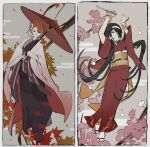  2girls absurdres arms_up black_eyes black_hair black_kimono border branch brown_footwear bungou_stray_dogs closed_mouth dagger flower full_body grey_background hair_flower hair_ornament hairband highres holding holding_dagger holding_knife holding_umbrella holding_weapon izumi_kyouka_(bungou_stray_dogs) japanese_clothes jellyfish_sz kimono knife leaf long_hair low_twintails multiple_girls oil-paper_umbrella ozaki_kouyou_(bungou_stray_dogs) red_eyes red_hair red_umbrella reverse_grip sandals sash shoes short_hair smile standing tabi twintails umbrella very_long_hair weapon white_border white_flower white_hairband white_haori wide_sleeves yellow_sash 