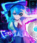  1girl abstract_background absurdres audio_cable blue_bow blue_dress blue_eyes blue_hair bow cable character_name chromatic_aberration cirno clenched_teeth collared_shirt covering_own_eyes dress glitch hair_between_eyes hair_bow hand_up headphones highres holding knees_up looking_at_viewer neon_palette one_eye_covered parasoru_buruu puffy_short_sleeves puffy_sleeves recurring_image red_ribbon ribbon shirt short_hair short_sleeves silhouette sitting smile solo teeth touhou upper_body v-shaped_eyebrows white_shirt 